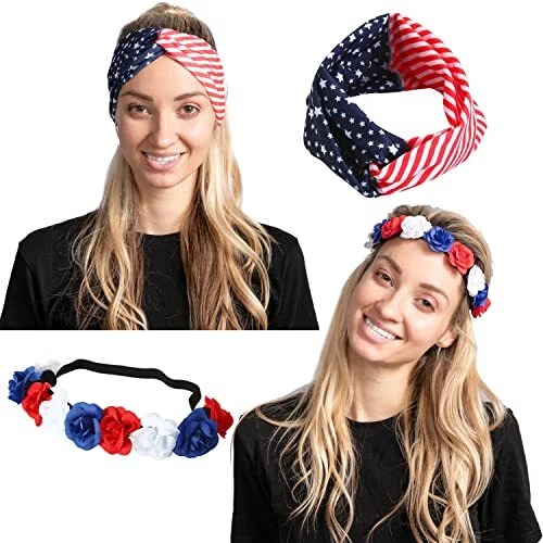2 Pcs Patriotic Accessories with American Flag Headband and Flower Headband