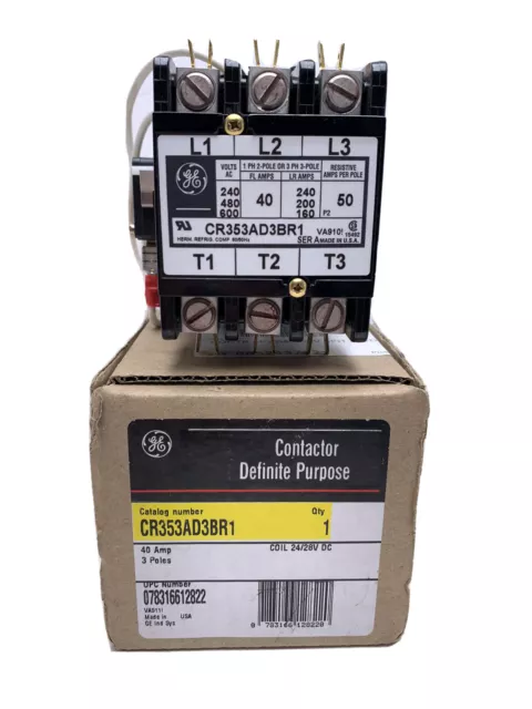 GE Contactor definite purpose CR353AD3BR1 3 Pole Contactor  40A 600V 3PH 24VDC