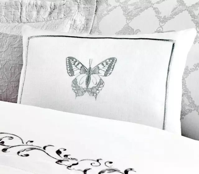 Sferra Papilio Pillow Cover Silver Butterfly Embroidery White Linen 12x18 NoFill