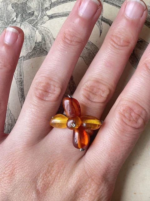 Bague Vintage En Argent Massif Et Ambre - Taille 54 - Bijou Ancien Et élégant