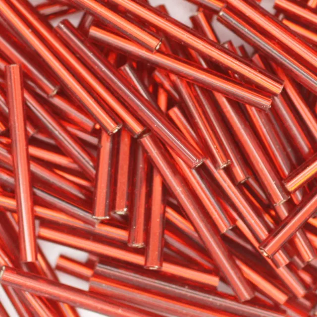 Czech Glass Bugle Beads 25mm ( 1 inch ) Red Silver Lined