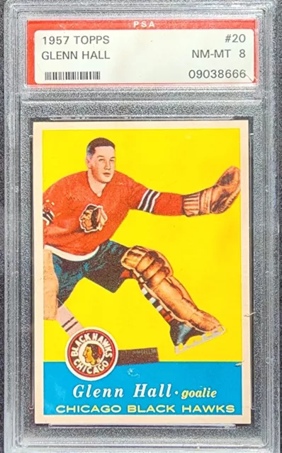 Glenn Hall (HOF) Rookie Card RC 1957 Topps PSA 8, ONLY 6 GRADED HIGHER