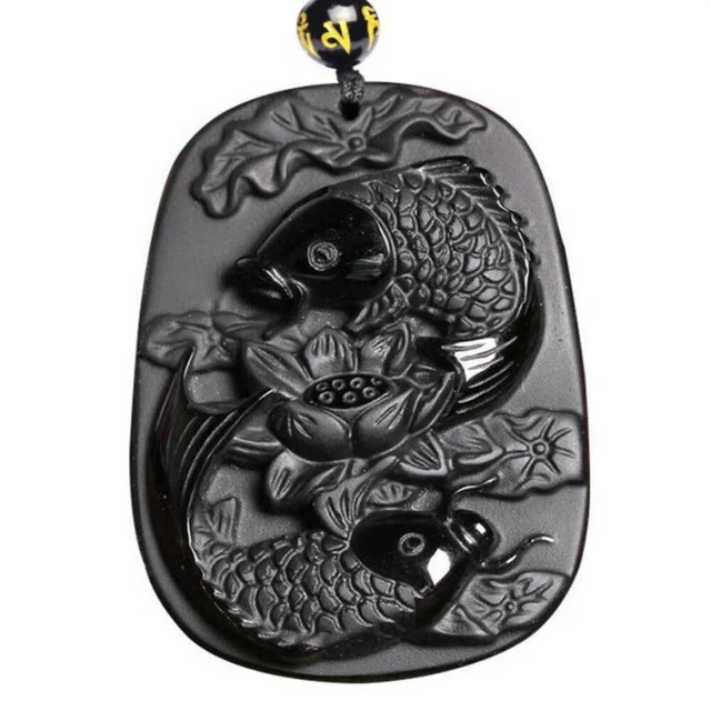 Natural Obsidian Carved Pisces Lucky Amulet Pendant Healing Pendants Reiki