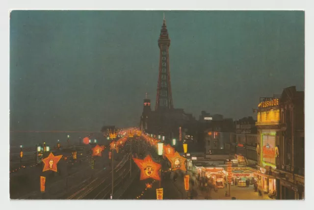 Vintage Colourmaster Postcard - Blackpool Illuminations - The Tower, Promenade