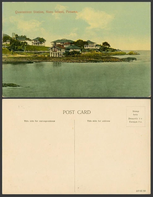 Panama alte farbige Postkarte Quarantänestation, Insel Nao, Panorama allgemeine Ansicht