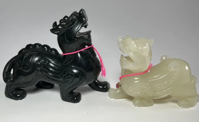 Vintage Chinese Pair Carved Stone Black & White Jade Foo Dog Statues Figurines