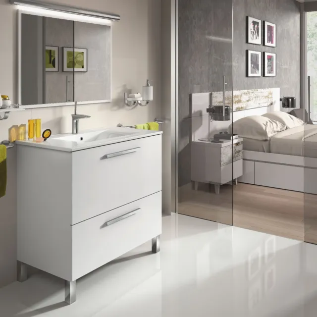 Mueble de ba�o con espejo y lavamanos, todo en Blanco 80x80x45cm