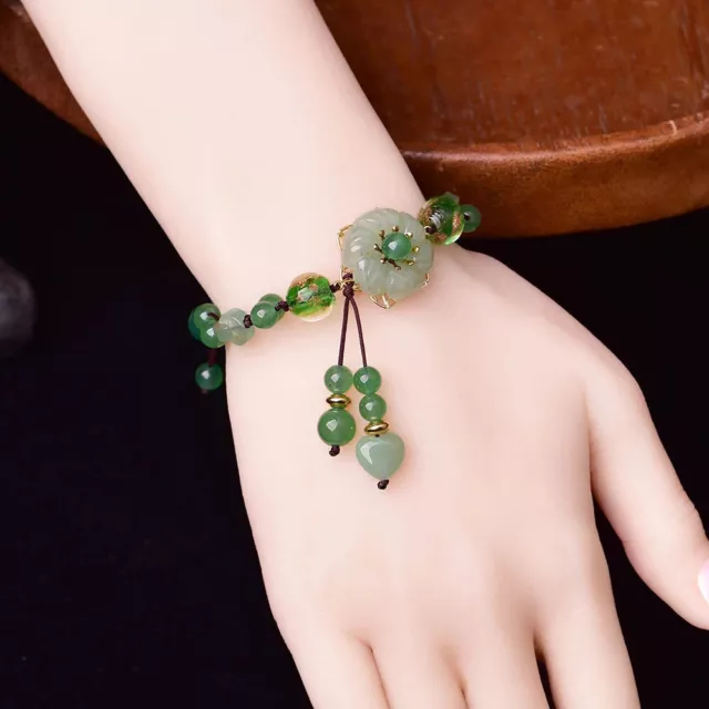 Natural Green Jade Dongling Flower Adjustable Bracelet Jewellery Knitted Amulet 3