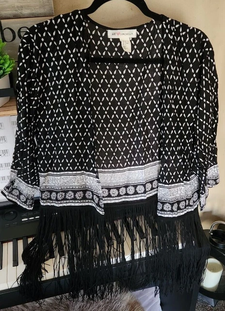H M COACHELLA BLACK White Fringed Short Sleeve Kimono Medium 9.00 PicClick