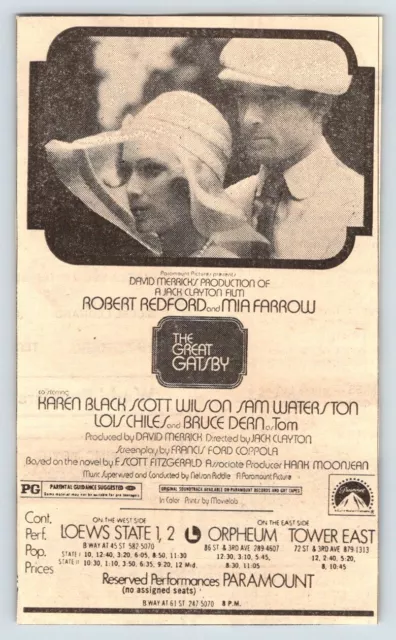 1974 ROBERT REDFORD THE GREAT GATSBY MOVIE AD Vtg 3.5"X6" Newspaper 1970's EBS24