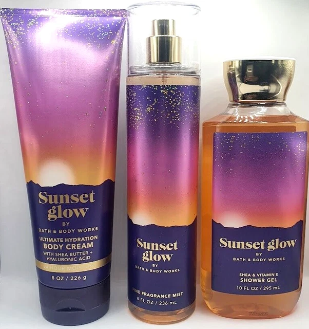 BATH BODY WORKS SUNSET GLOW Mist Spray Shower Gel Body Cream 8oz 3pc