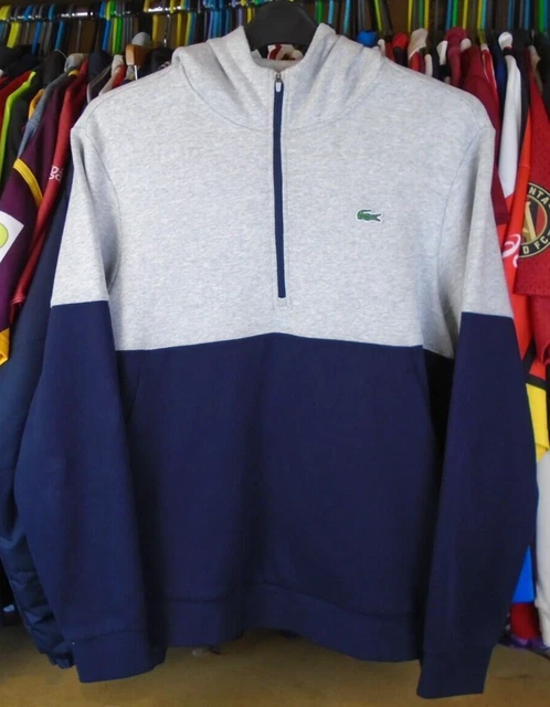 Lacoste Sport 1/4 Zip Light Grey Navy Hooded Sweatshirt Jumper Top Medium Size 4