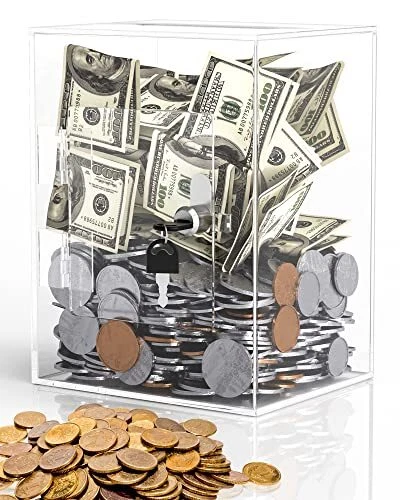 Clear Piggy Bank for Adults-and Kids Acrylic Openable Clear Money Box Coins S...
