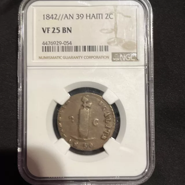 Deux centimes 1842 / An 39 Haiti KM#A22 NGC VF25 Haïti Ayiti Hayti 2C