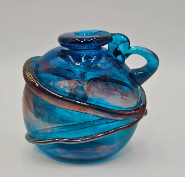 Blue Abstract Blown Glass Art Vase Studio Pinched Twisted Handle 5"x3"x6" Vtg
