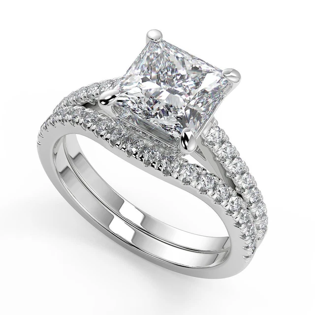 1.65 Ct Princess Cut Classic 4 Prong Pave Diamond Engagement Ring I1 E Treated