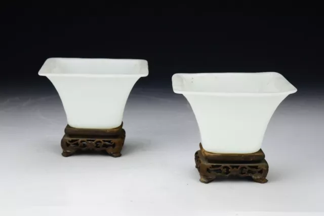 Fine Pair of Chinese White Peking Glass Square Bowls on Carved Wood Stands