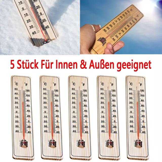 5-er Set  analog Außen Innen Thermometer HOLZ Holzthermometer Gartenthermometer