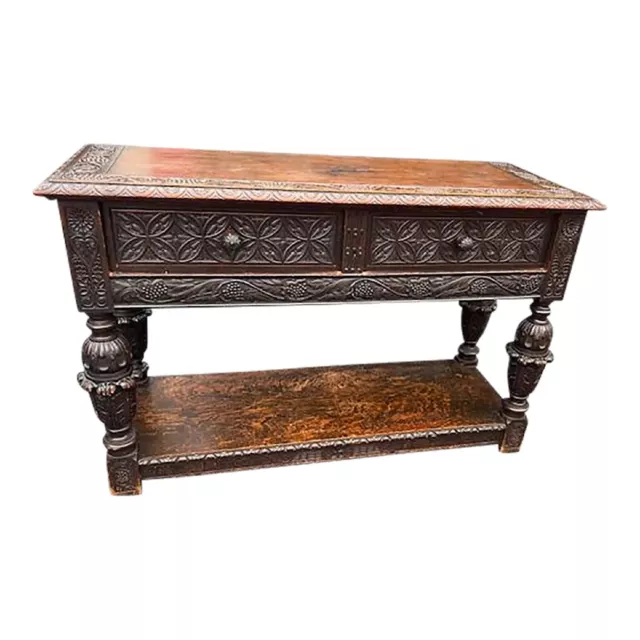 Carved Oak English 2 drawer Side Table, Server Buffet.