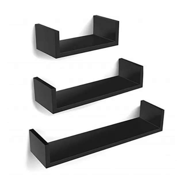 NEW! Set of 3 Black U-Shaped Floating Wooden MDF Wall Shelves DIY Home Storage