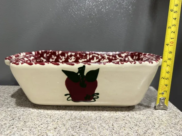 Vintage East Texas Pottery 10”x5.25” Loaf Pan Red Spongeware Apple in EUC!