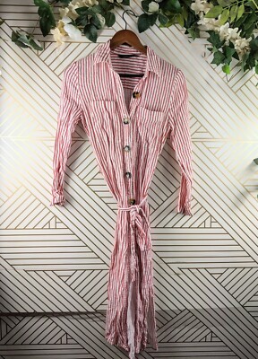Zara Striped Red White Button Up Belted Dress Size Small