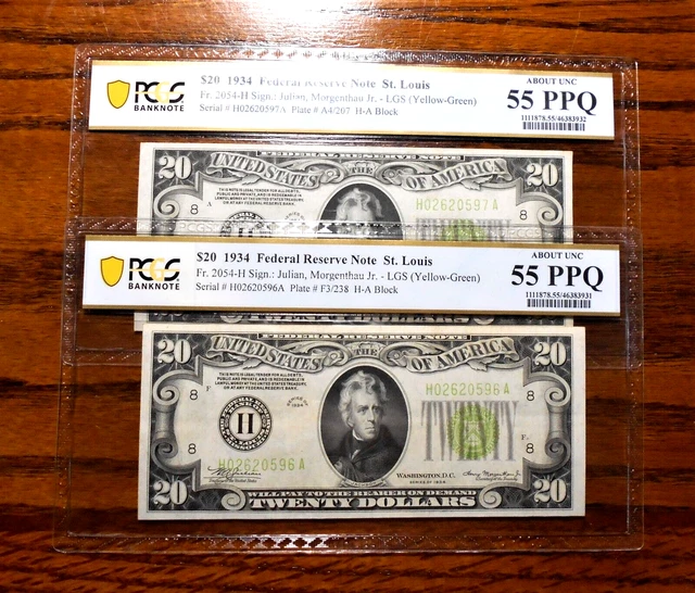 1934 $20 Federal Reserve Note (LGS) 💲💲 2 consecutive ~ PCGS 55 PPQ