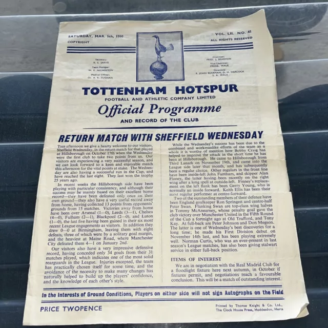 Tottenham v Sheffield Wednesday Division 1 1959/60 football Programme