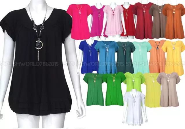 Womens Frill Necklace Gypsy Tunic Plus Size Ladies Short Sleeve Long V Neck Tops
