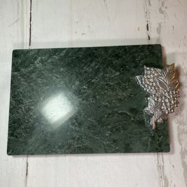 Vtg Green Marble Cheese charcuterie Board Pewter Fruit End Handle 11" x 8"  929C