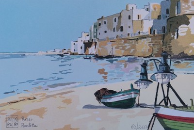 ALDO RISO LITOGRAFIA FIRMATA BARLETTA porto barche marina puglia borgo castello 