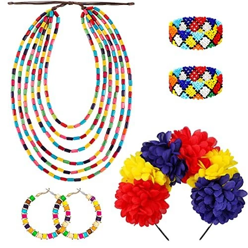 Henoyso 6 Pieces Women's African Jewelry Set 2 Multicolor Rasta Beaded