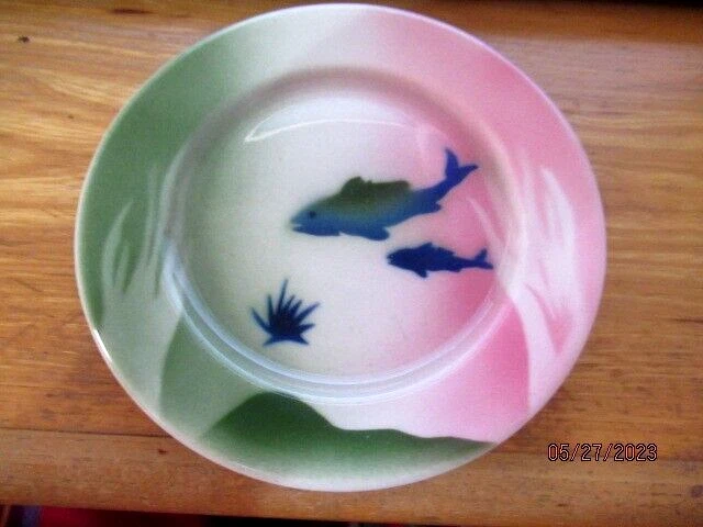 Vtg Airbrush Syracuse Tri Color Fish Ocean Restaurant China Tiki Era Bread Plate