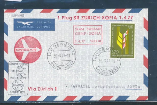 1584) Switzerland, SR FF Zurich - Sofia 1.4.77, letter from UN Geneva, K2 UB "d"