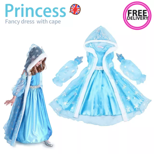 Girls Frozen Elsa Princess Fancy Dress Cape Party Birthday Costume Outfit Gifts