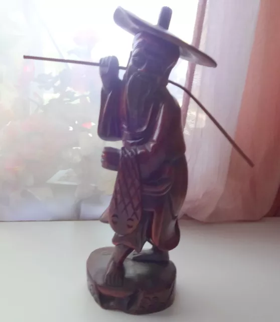 Antique Red Wood Wooden Hand Carved Asian Chinese Fisherman Large Statue 18"