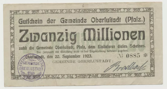 Oberlustadt 20 Millionen Mark  20. September 1923  Notgeld Pfalz ( 1002 G