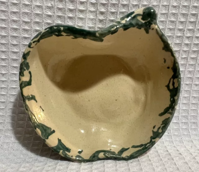Tan/Green Spongeware Pottery-Apple Shaped Trinket Dish
