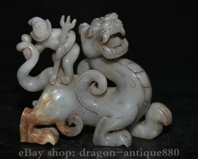 6" Rare Old Chinese Nephrite Hetian Jade Carving People Ride Pixiu Beast Statue