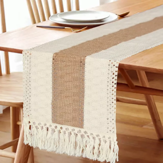 Table Runner for Home Decor Cream & Brown Farmhouse Table Runner with Tassels 3