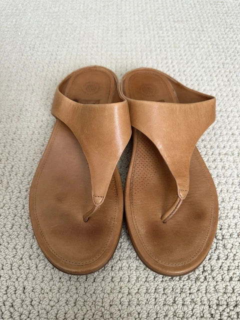 Fit Flop Womens Banda Brown Leather T-Strap Thong Wedge Sandals Slides Sz 7