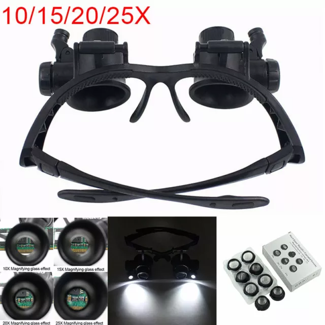 10/15/20/25X Magnifier Eye Glass Loupe Watch Jeweler Repair Set With LED Lights