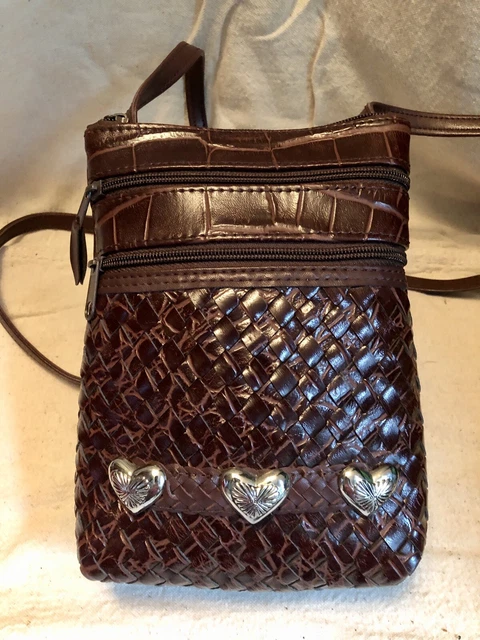 Crossbody Purse, Brown Woven Faux Leather,Croc.Heart Accents 3 Zippered Pockets