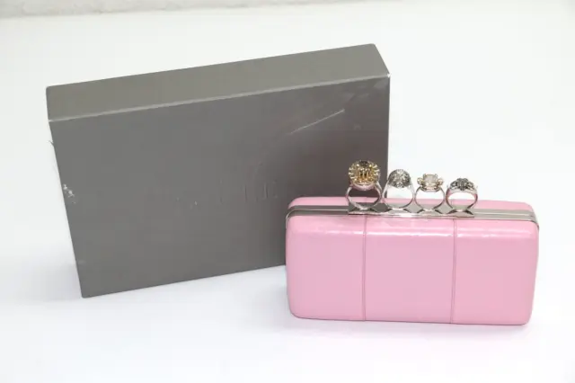 Alexander McQueen Diamond Four-Ring Studded Python Pink Clutch Bag Women's