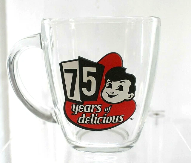 Bob's Big Boy Clear Glass Coffee Mug 75Years Of Delicious 2011 Burgers 4”