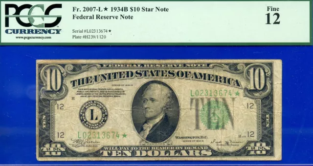 1934B $10 Federal Reserve Note PCGS 12 rar 7 known San Francisco star Fr 2007-L*