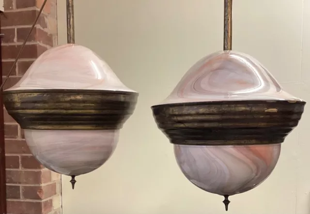 Pair of Large Vintage 1930s Art Deco Marbled Glass and Brass Ceiling Lights