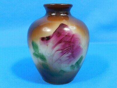 Antique Victorian Hand Painted Pink Floral Milk Glass Bud Vase 4.5” Green Brown