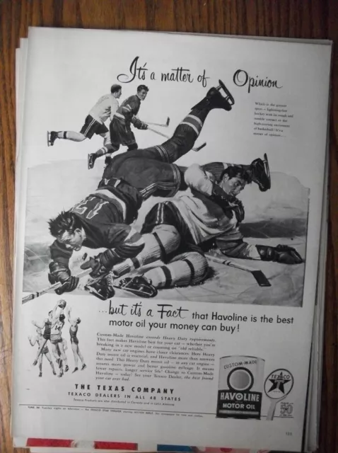 VTG 1952 Orig Magazine Ad TEXACO Gas It's A Matter of Opinion But A Fact HOCKEY