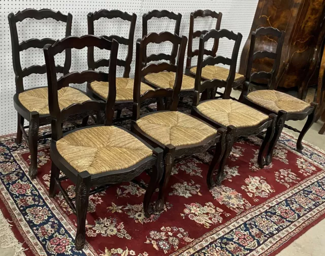 8 Antique Style Carved Country French Two Seat Dining Chairs 39" Tall Louis XV